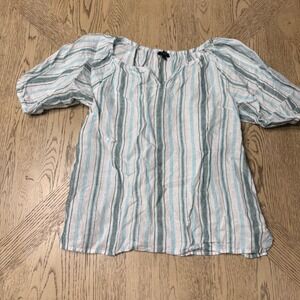 Talbots Petite Size P Striped 100% Linen Puff Sleeve V-neck Blouse Top